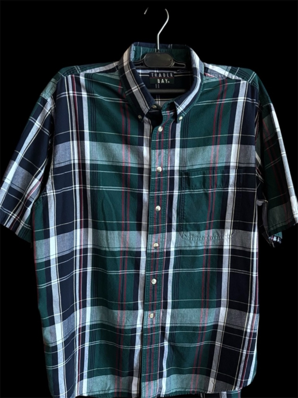 Men's vintage Trader Bay casual button-down plaid shirt in blues and greens